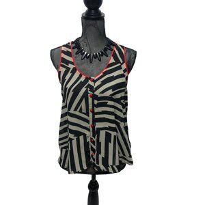 Mind Code Blouse Womens Size Medium Black Gray Red Sheer Crossover Back Artsy
